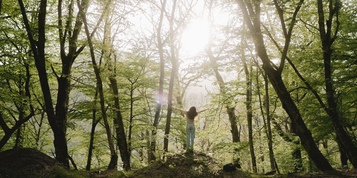 Person with arms raised in a forest with sunlight representing our relationship with God.