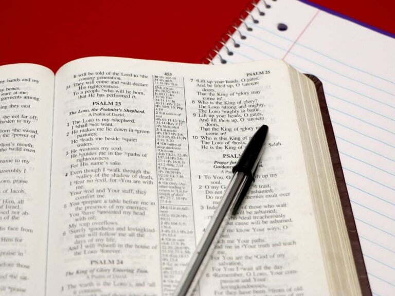 Which Method is Right for You? Understanding Bible Studies, Plans, and Devotionals Open Bible with pen resting on it and a notebook underneath.